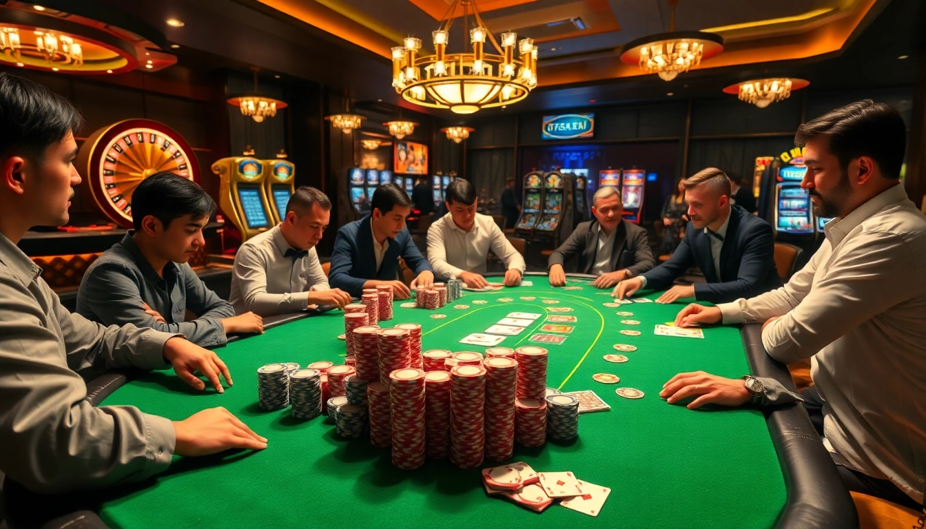Engage in thrilling poker action at ta88 com with vibrant chips and luxurious casino ambiance.