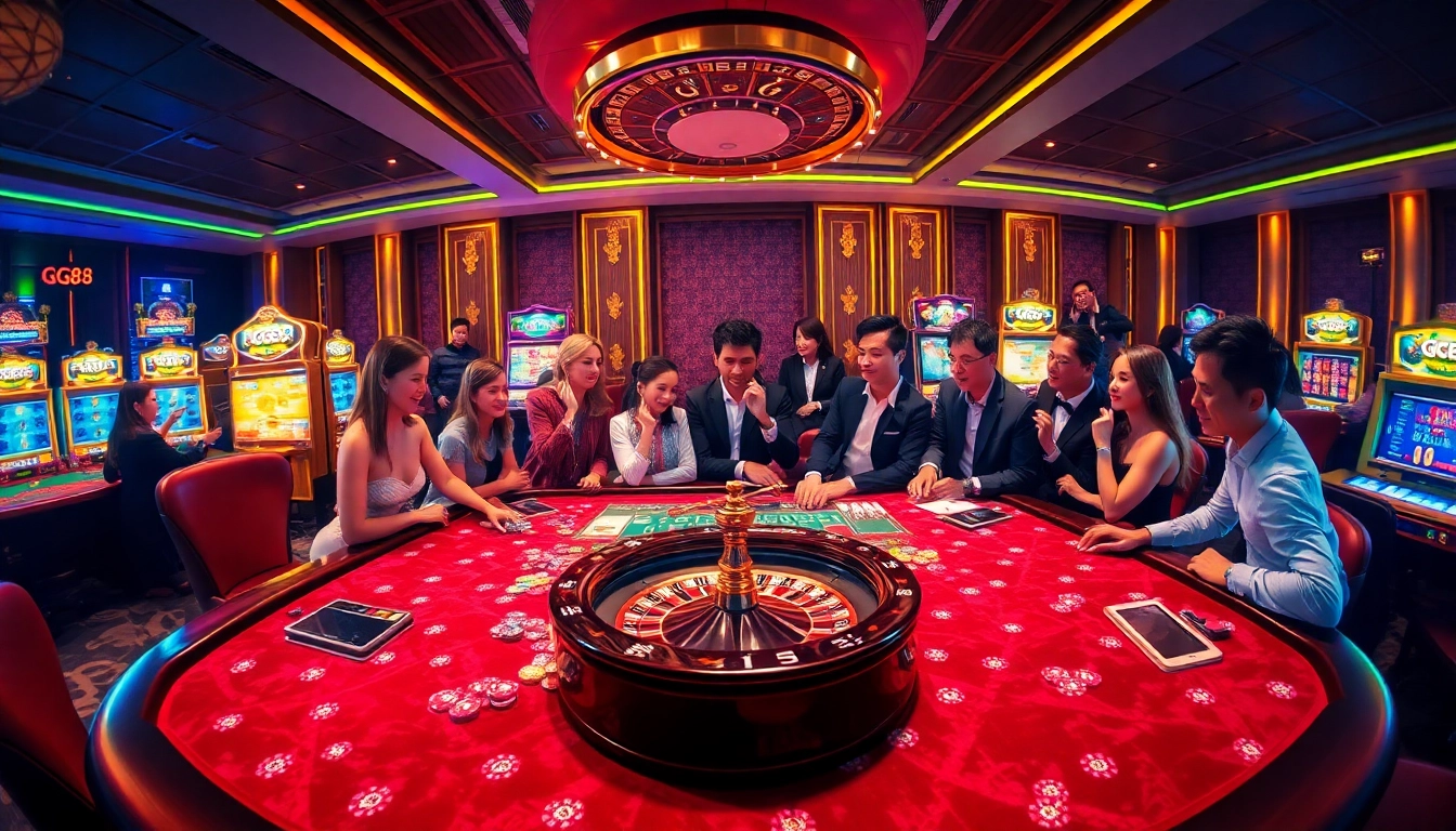 Players enjoying a thrilling game at the GG88 casino table with vibrant chips and slot machines.