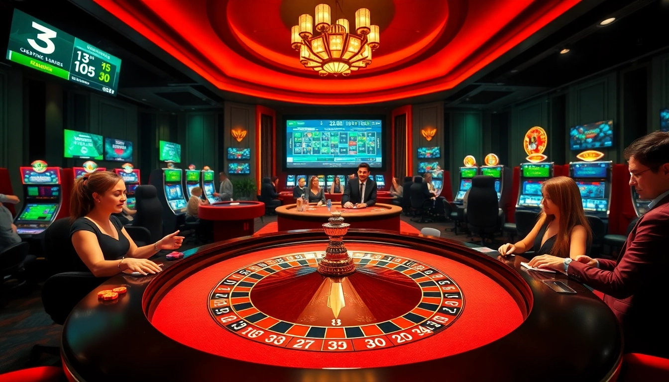 Players engaging in betting excitement at 13win Casino with roulette table and vibrant atmosphere.