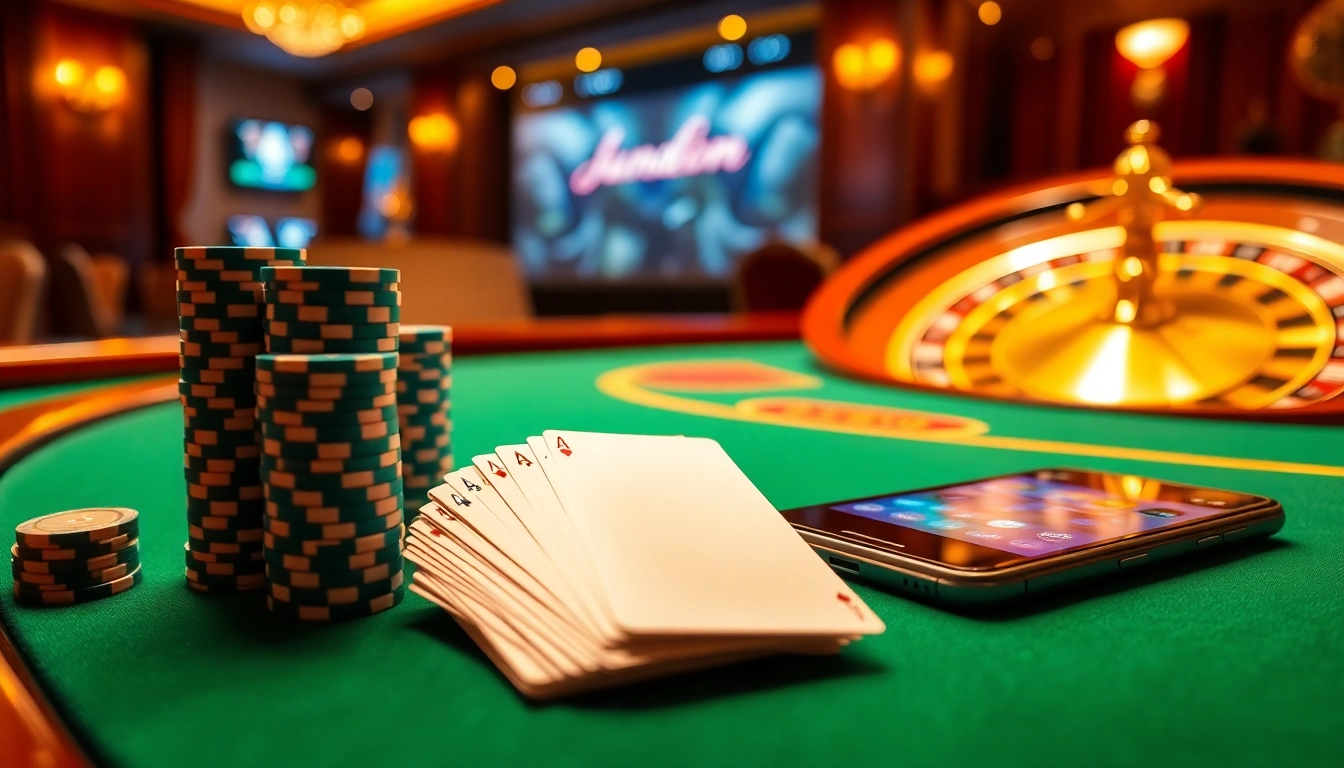 Experience the thrill of betting at jun88.com with expertly arranged poker chips and cards.