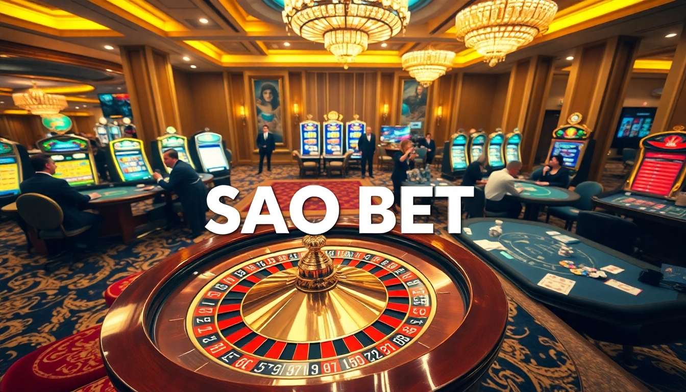 Experience the thrill of SAO BET in a vibrant casino setting with roulette wheels and excited players.
