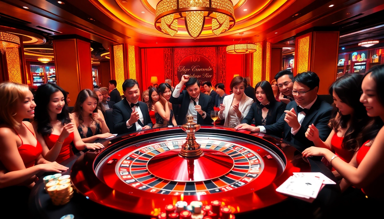 Exciting casino scene featuring players enjoying gambling activities at https://kuwinzhz.com/. Roulette wheel spins amidst vibrant colors.