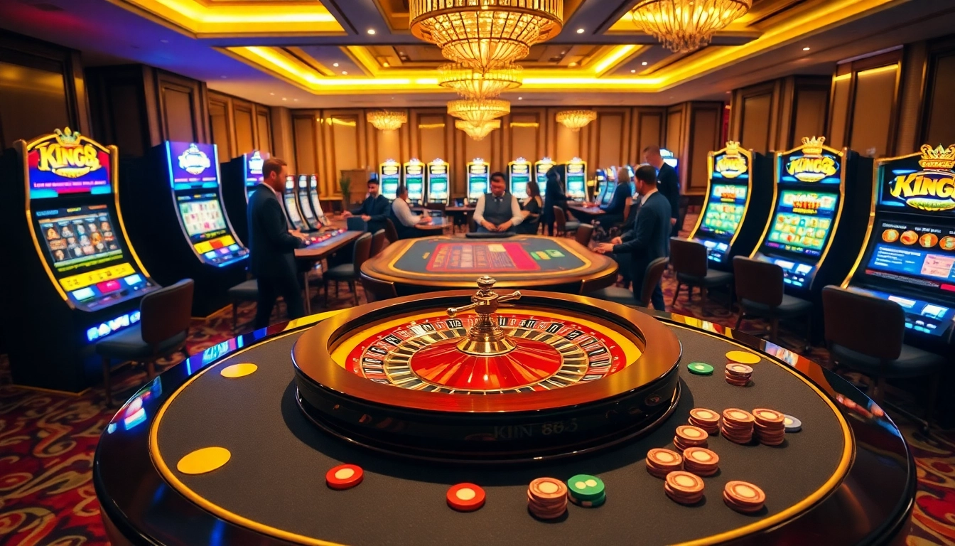 Experience the thrill of winning at King88 com with an elegant casino scene filled with vibrant gaming activities.