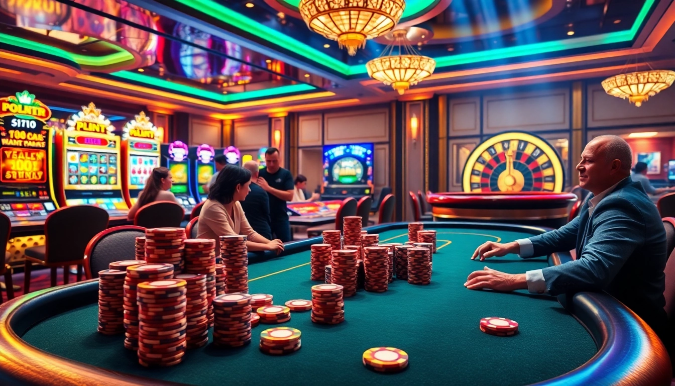 An engaging scene from https://rr88c.mobi/ showcasing a luxurious casino with intense poker action and vibrant slot machines.