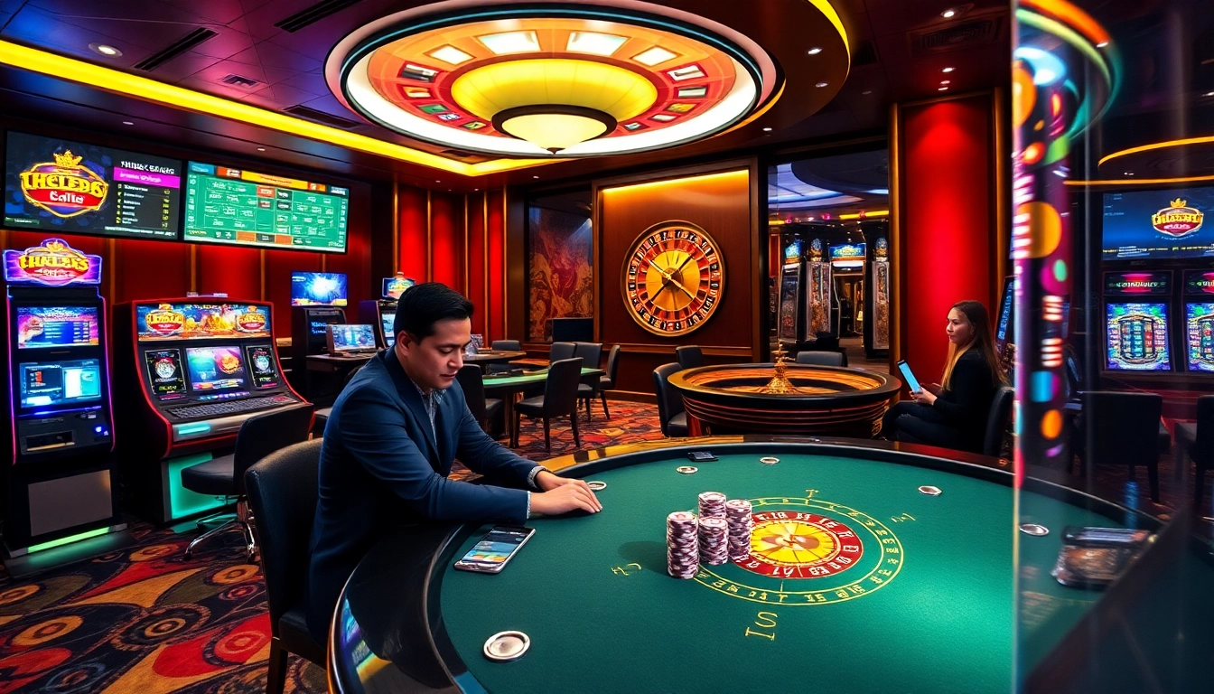 Khela88 players engage in thrilling casino games with vibrant slots and roulette.