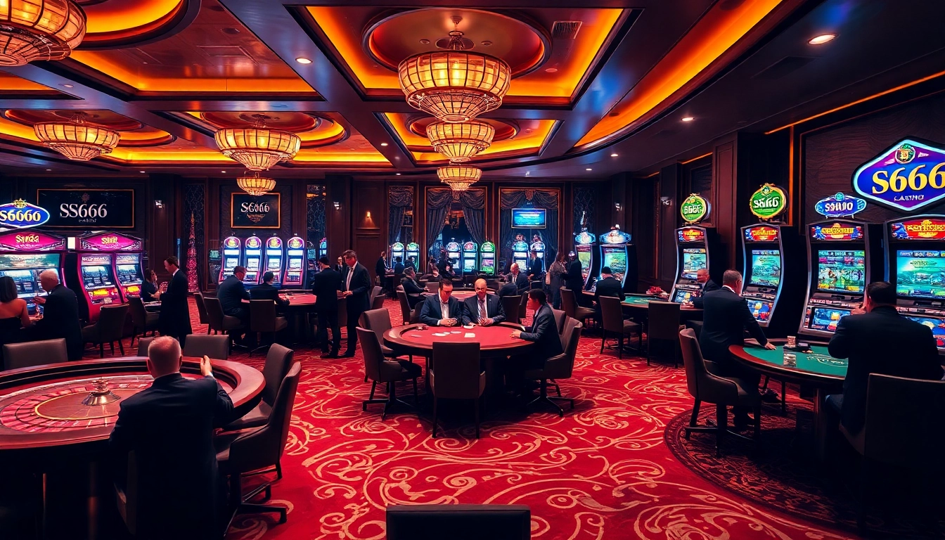 S666 casino patrons engaged in exciting table games and slot machines within a luxurious setting.