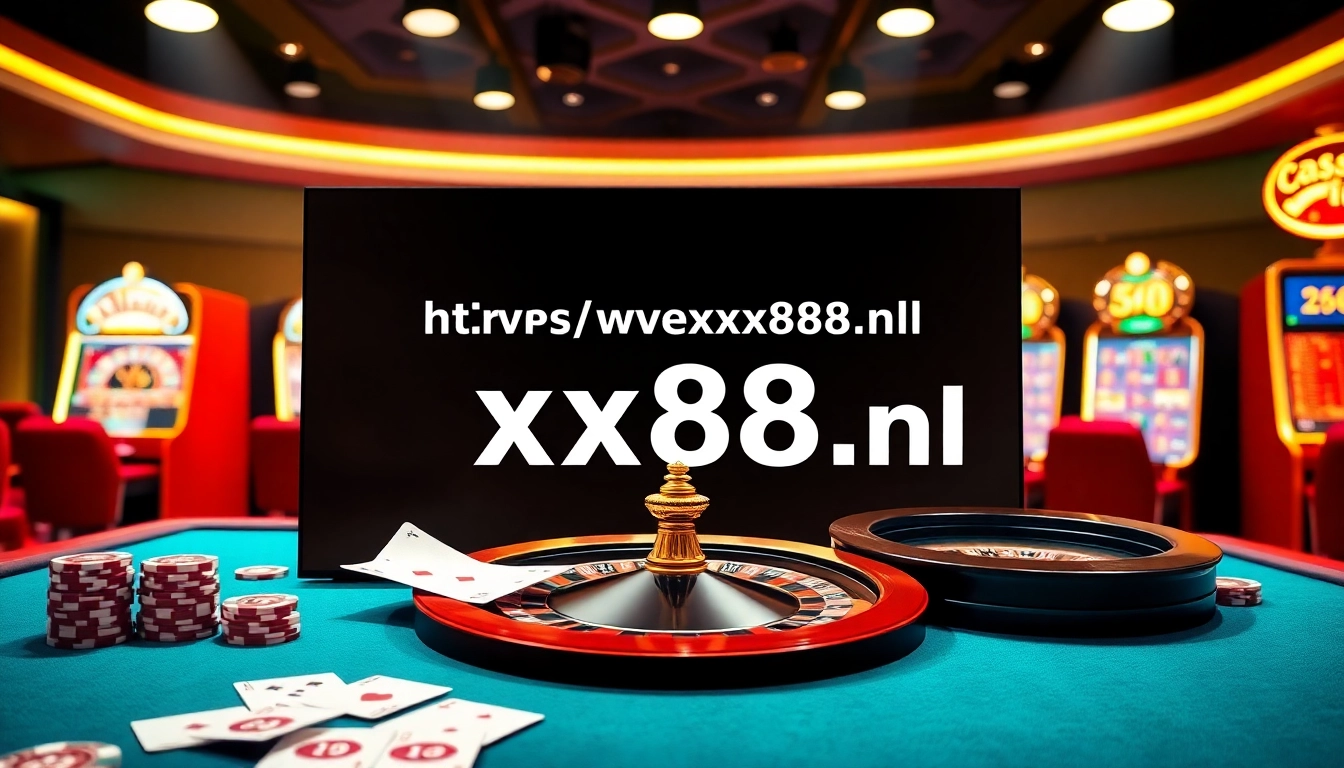 Experience the excitement of online gambling at https://xx88.nl/ with vibrant casino visuals featuring tables, cards, and slots.