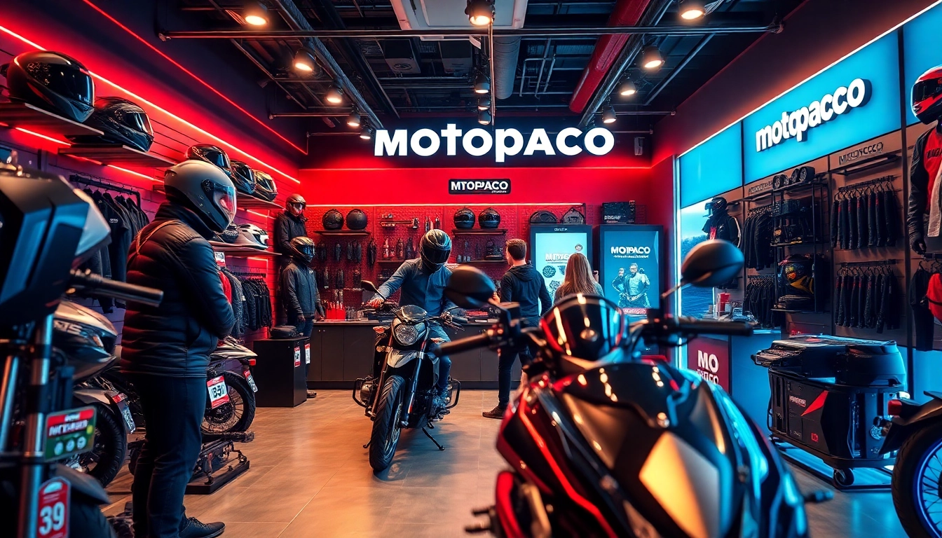 Équipements de moto de haute qualité exposés dans la boutique Motopaco, invitant les aventuriers.