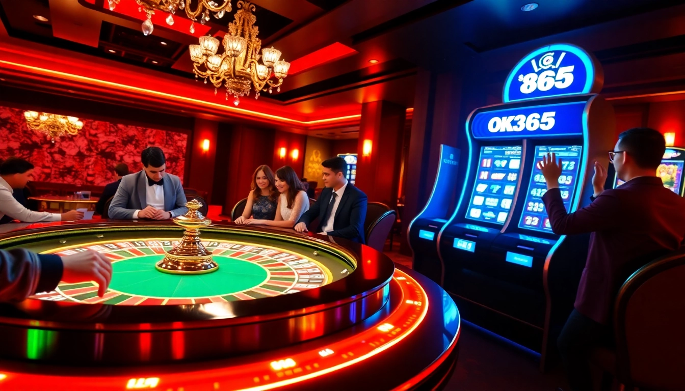 Experience the thrill of winning at OK365 Trang chủ with vibrant poker chips and a dynamic roulette table.