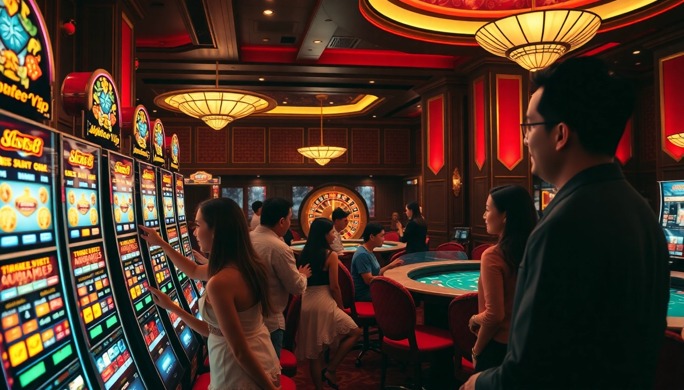 Experience the excitement of Slots8 Vip with vibrant slot machines and enthusiastic players in a luxurious casino setting.