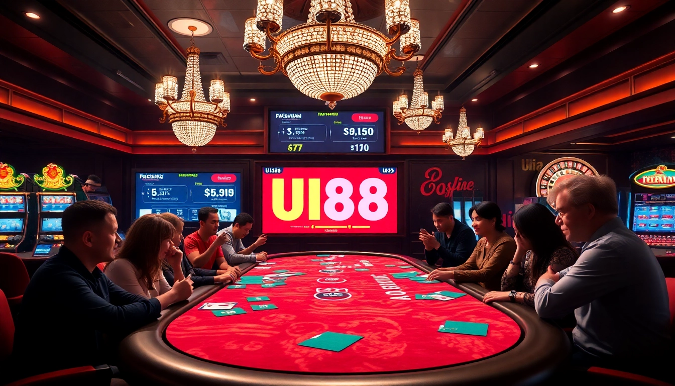 Engaging casino players enjoying UU88 gaming adventures at a vibrant poker table.