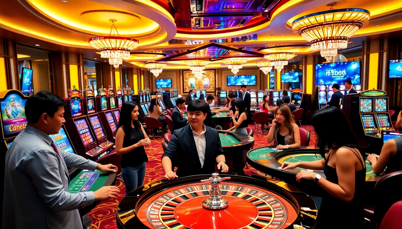 Gamble strategically at i9bet's vibrant casino filled with roulette wheels and slot machines.