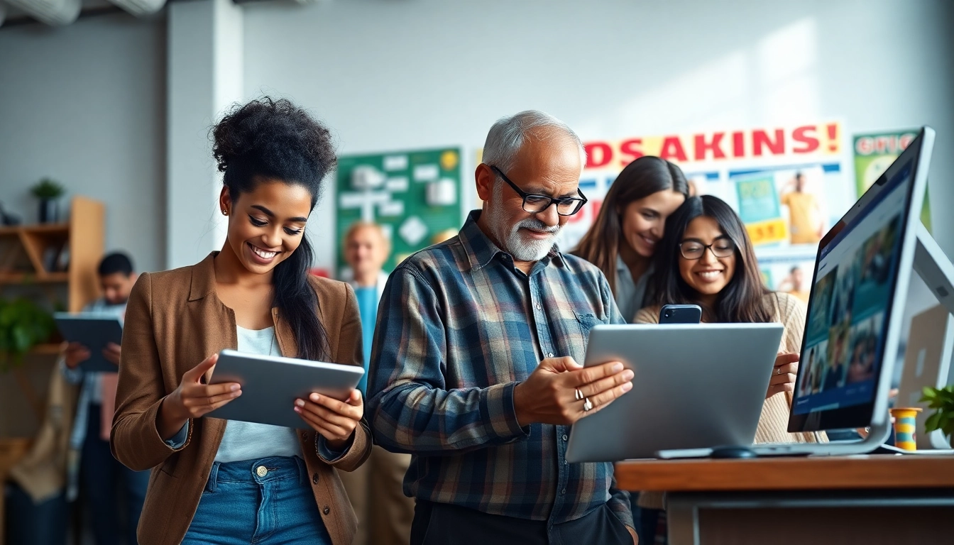 Interactive scene of people engaging with Hela Ads on digital devices in a vibrant marketplace.