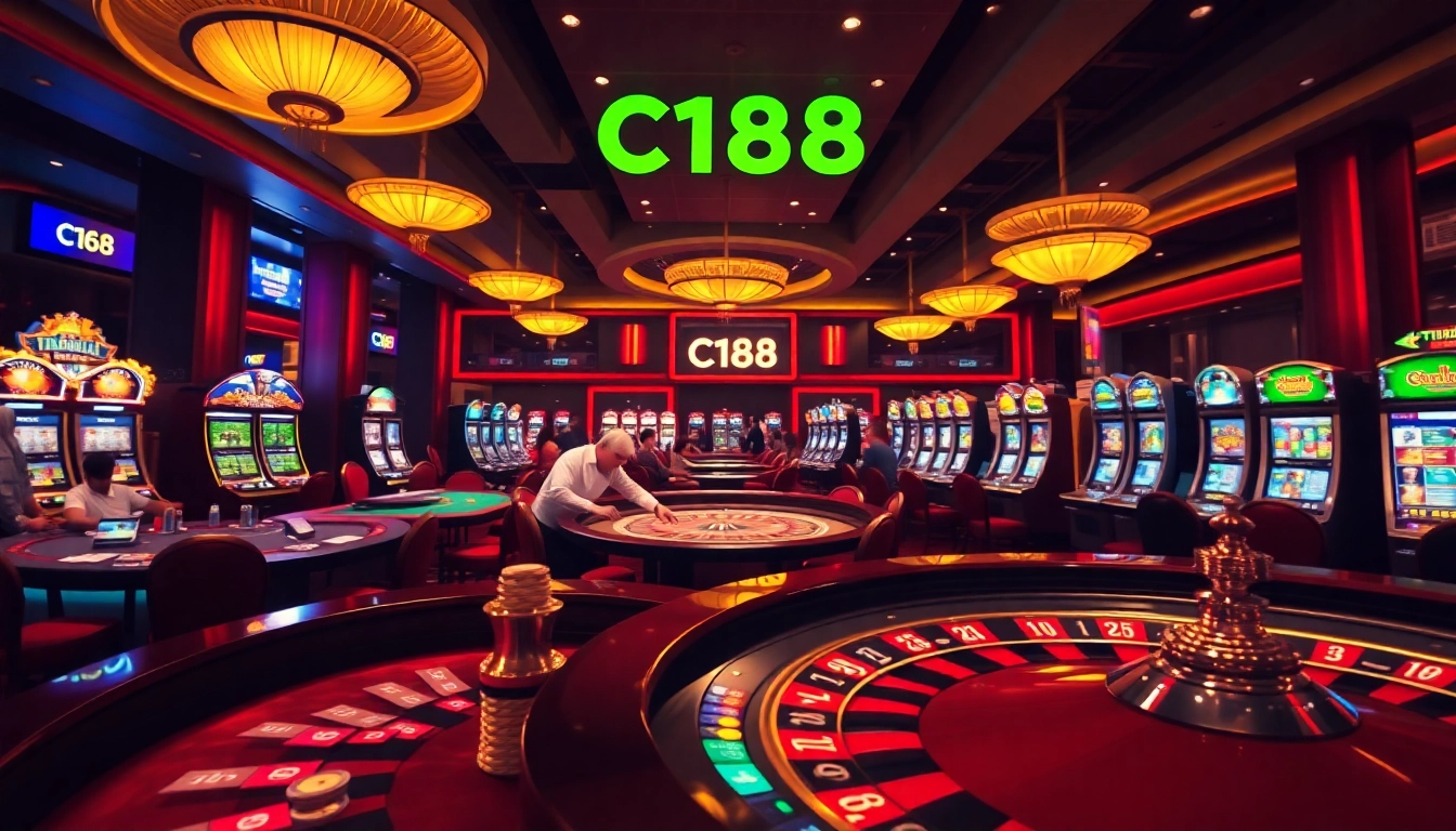 Experience high-stakes gaming at C168's luxurious casino atmosphere with roulette and poker tables.