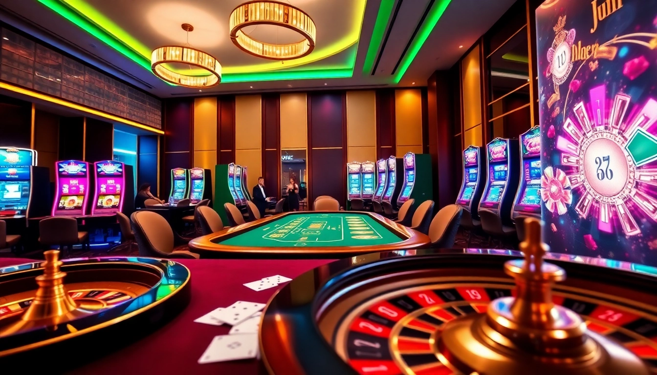 Experience the excitement of Jun88 with vibrant casino elements like poker tables and slot machines.