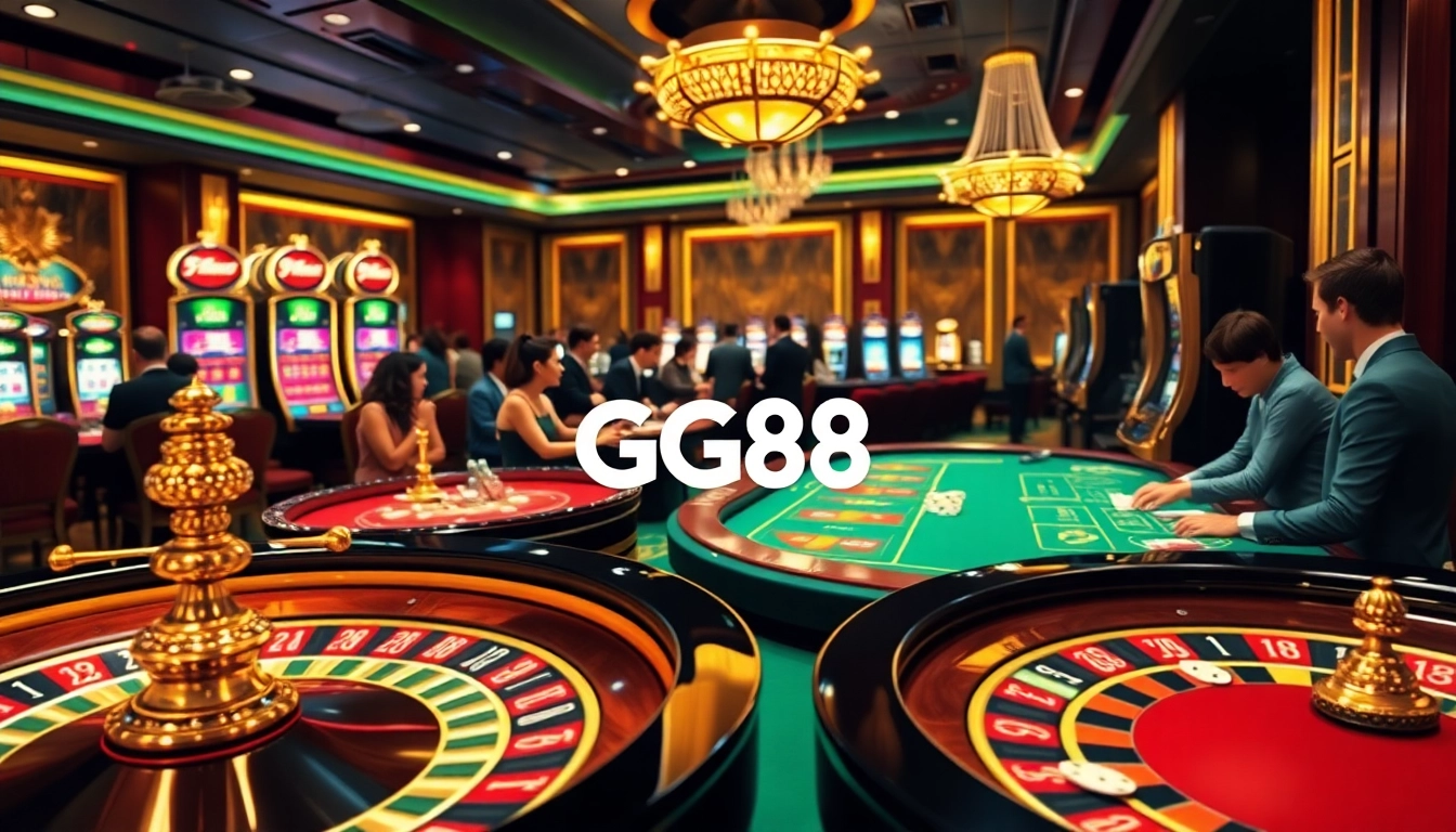 Experience the thrill of GG88's luxurious casino ambiance, featuring dynamic gaming tables and vibrant slot machines.