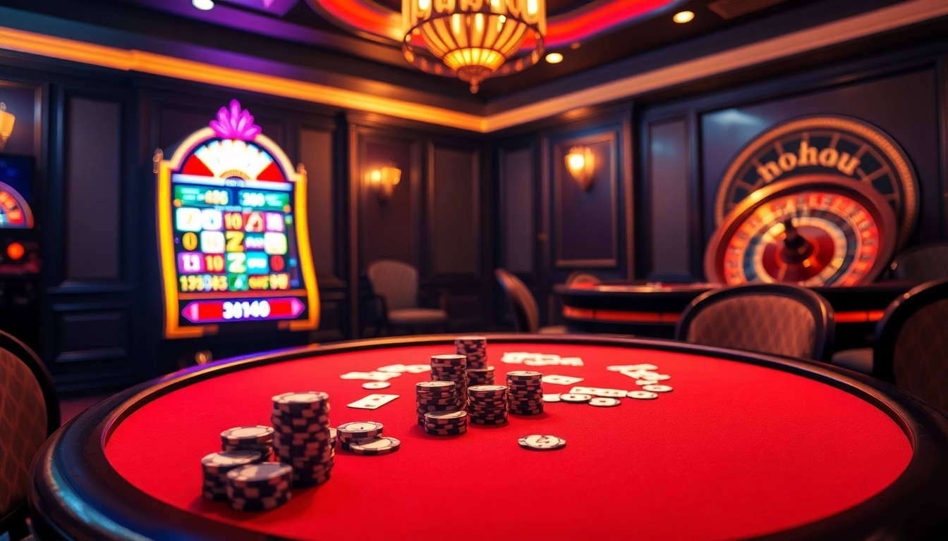 Nohu-themed luxury casino scene with poker table, colorful slot machine, and roulette wheel.