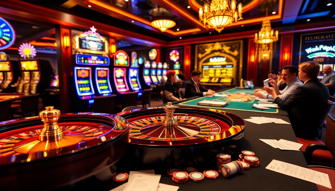 KJC casino scene showcasing vibrant slot machines and an elegant roulette table.