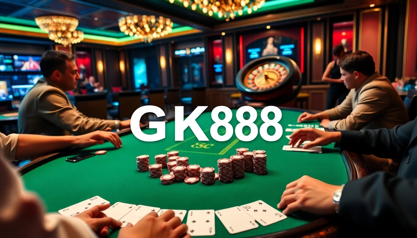 Players betting at a luxurious poker table in a high-stakes GK88 casino setting.