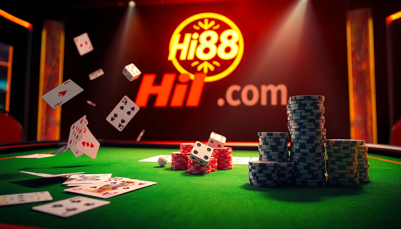 Experience the excitement of gambling at Hi88 com with a vibrant online casino table featuring cards and chips.
