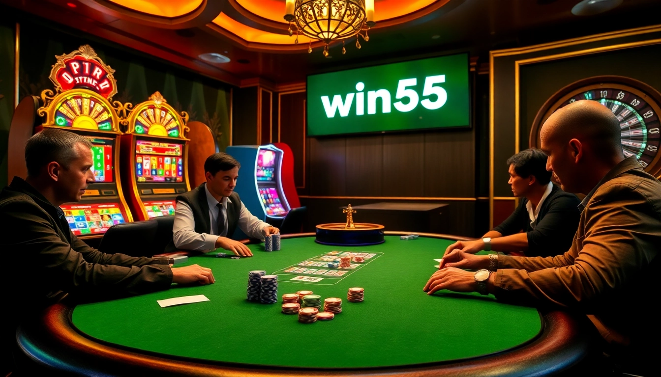 Experience the excitement of win55 at a luxurious casino poker table surrounded by vibrant slot machines.