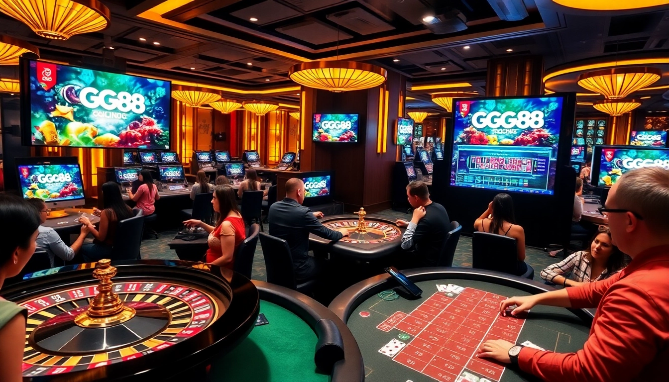 GG88 online gambling interface with players engaging at a roulette table and poker chip displays.