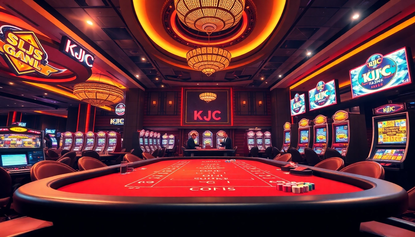 Experience the thrill of KJC at a luxurious casino table with poker chips and vibrant machines.
