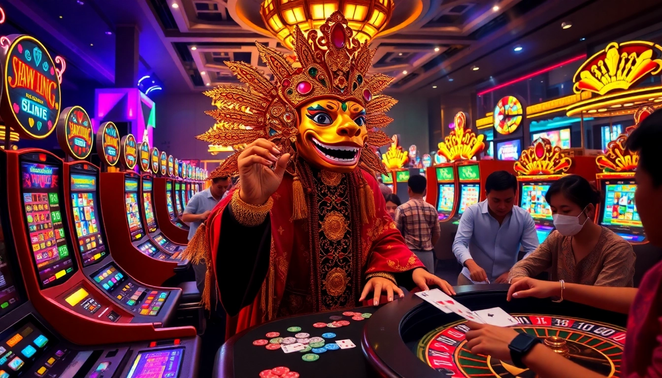 Players celebrating a win at the casino with Raja Barong symbols representing luck and fortune.