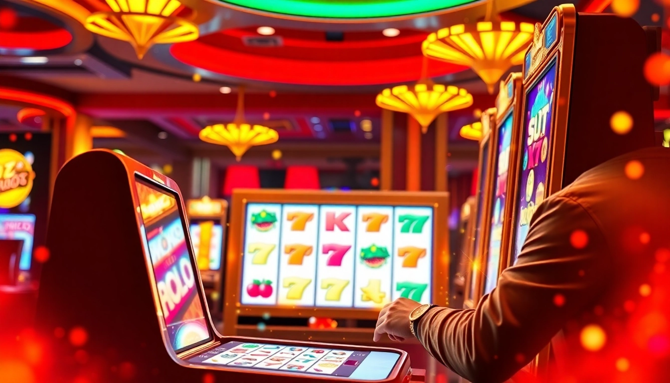 A player engaging intensely with the doaslot slot at a flashy casino with vibrant colors.