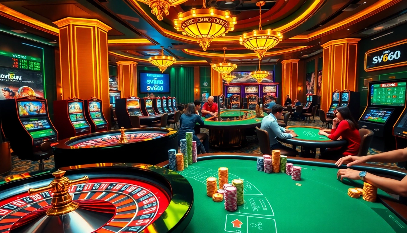 A thrilling casino scene showcasing exciting games at nhà cái sv66 with vibrant roulette wheels and poker chips.