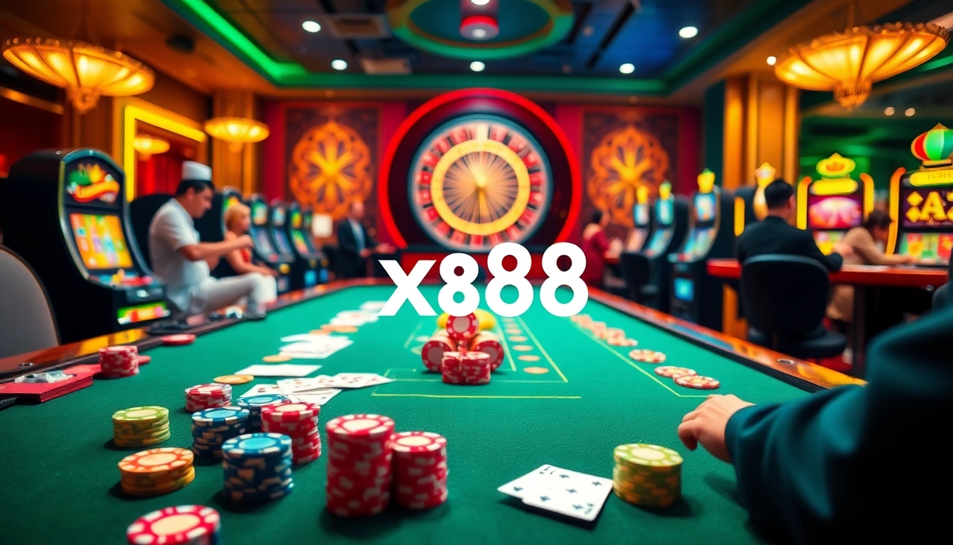 Exciting casino scene showcasing xx88 gaming tables with chips, cards, and roulette wheel.