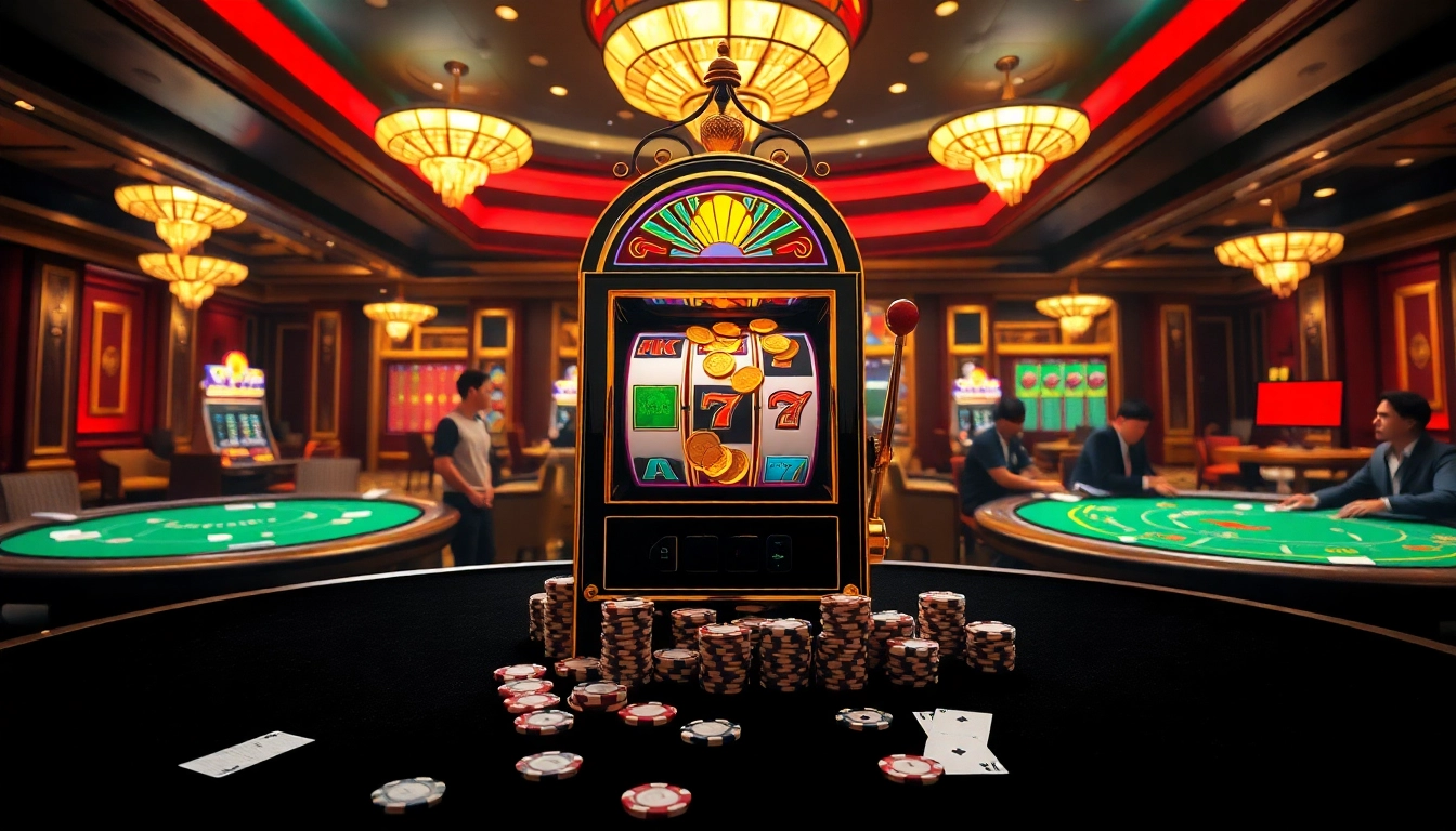 RAJABARONG showcases an exciting scene of winning at slot machines and casino tables.