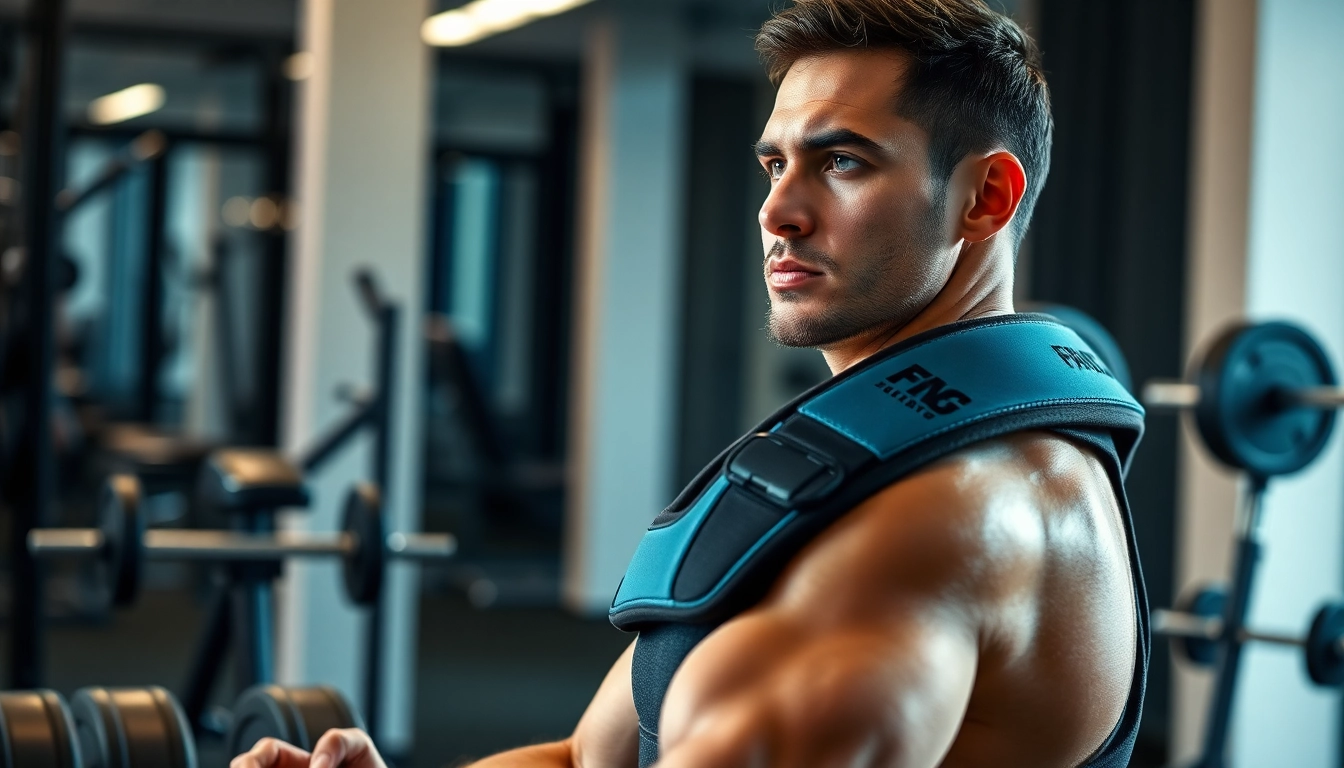 Shoulder brace for weightlifting worn by an athlete lifting weights in a gym setting.