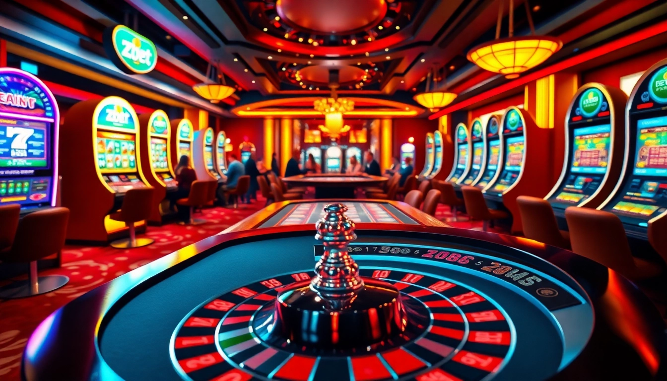 Players enjoying high-stakes games at Zbet me casino, showcasing vibrant slots and poker action.