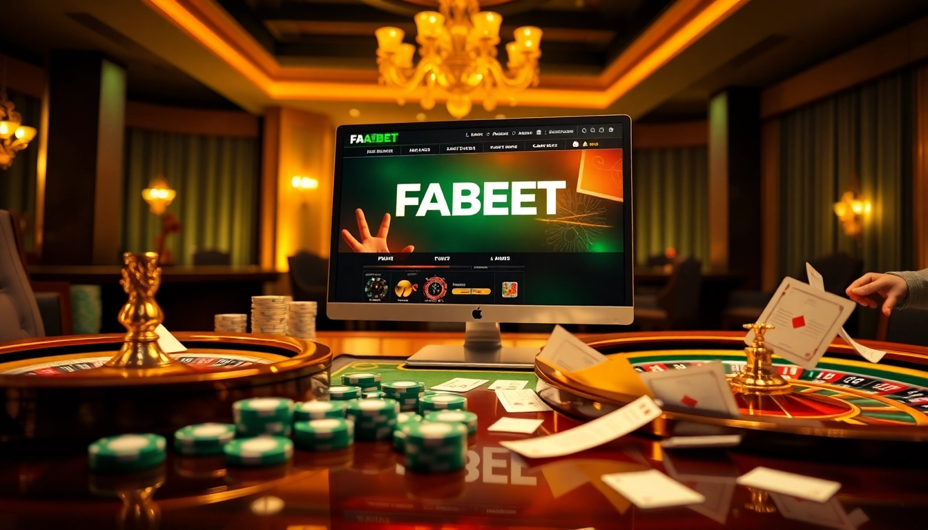 Experience thrilling gambling at Link vào FABET with poker chips and roulette wheels.