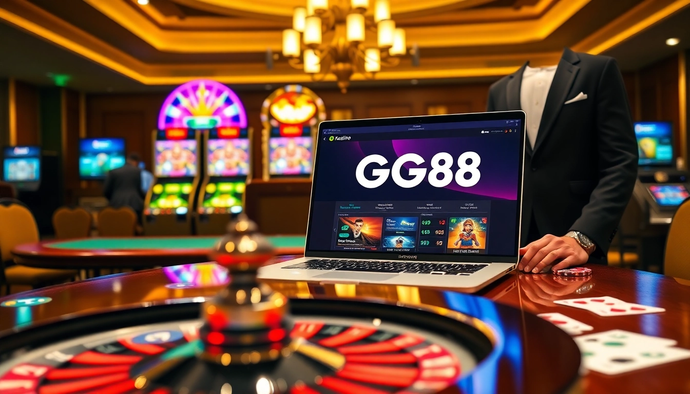 Experience the vibrant GG88 online gaming with poker chips and roulette in this casino scene.