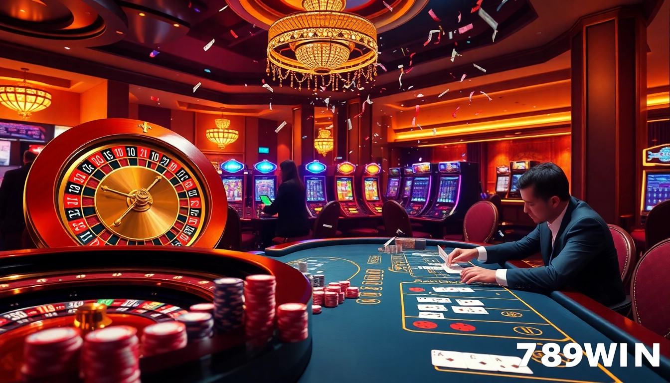 Gamblers winning big at an online casino showcased on https://789win.apartments/ with a vibrant roulette wheel and poker chips.