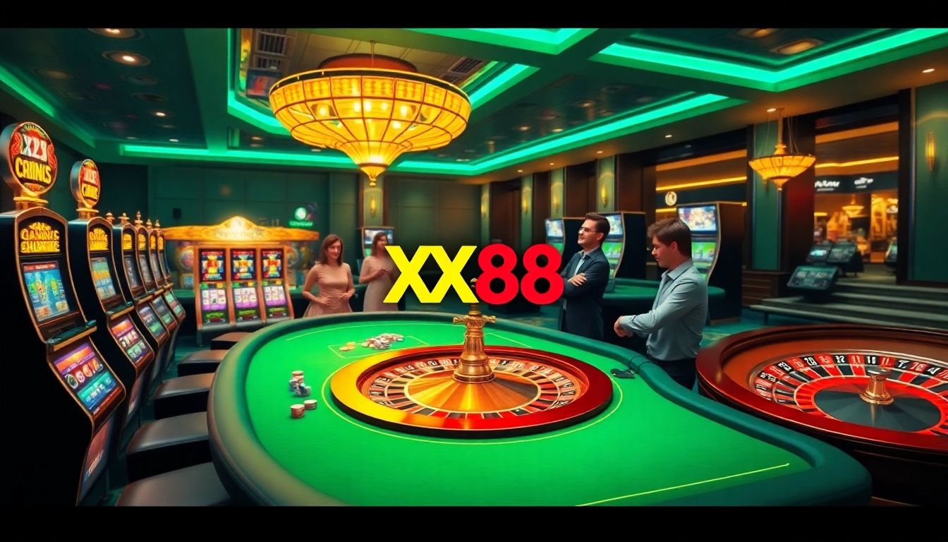 Experience the excitement of betting at XX88, featuring vibrant gaming tables and flashy slot machines.