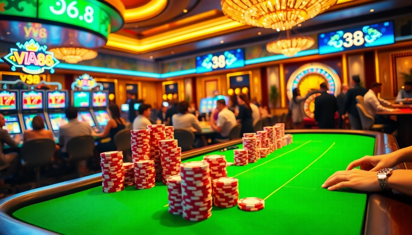 Experience the excitement of gambling at vn88 with a vibrant casino scene featuring poker chips and roulette tables.