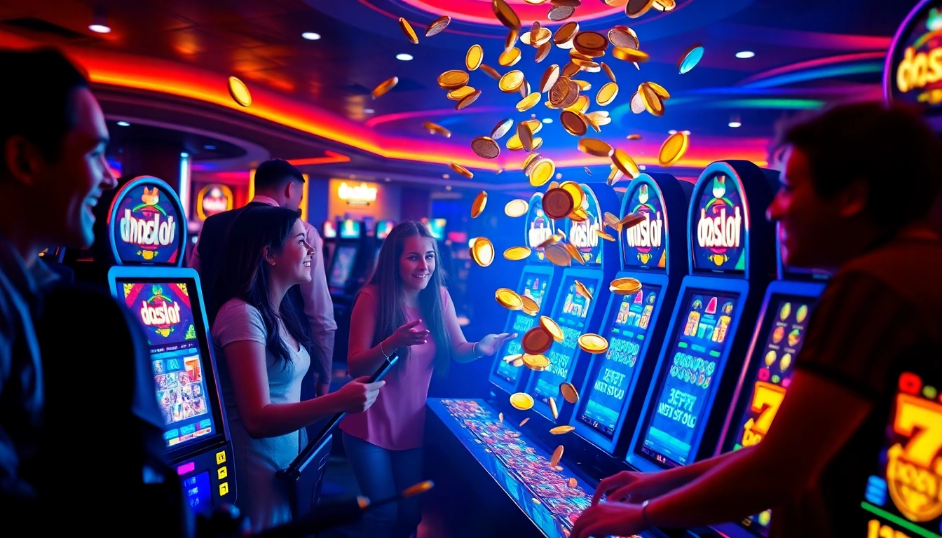 Players celebrating wins at doaslot slot machines in a vibrant casino setting.