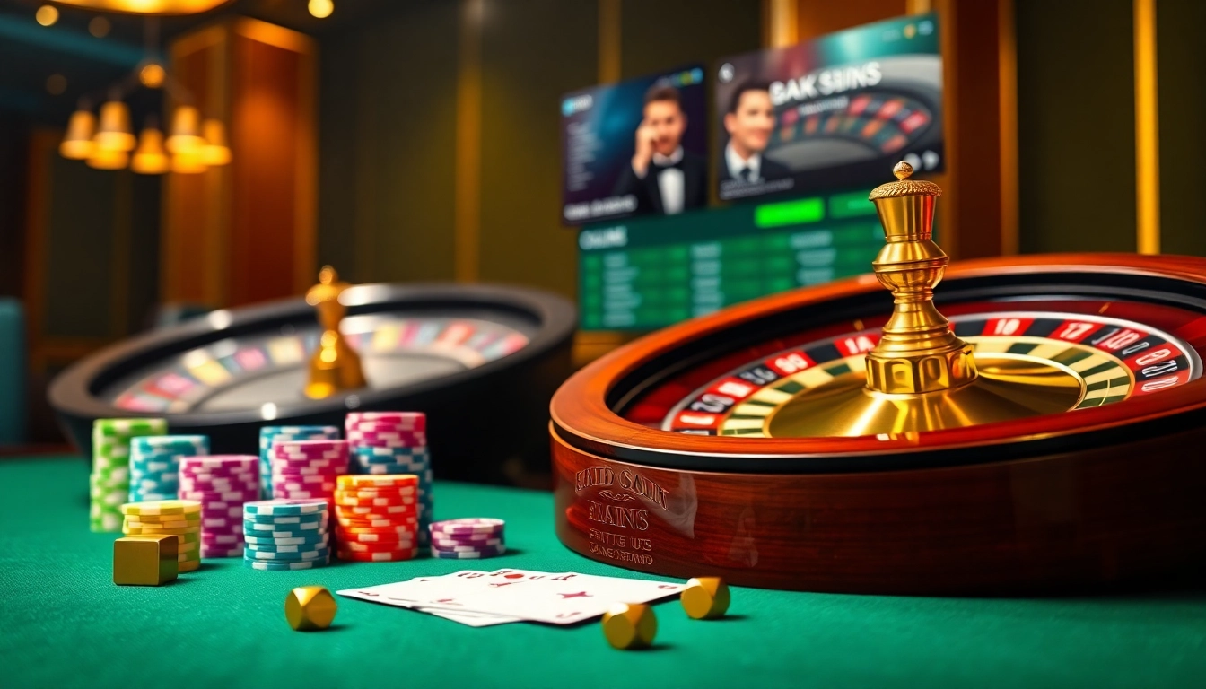 Players engaging in thrilling games at https://f168.us/ online casino with poker chips and roulette wheel.