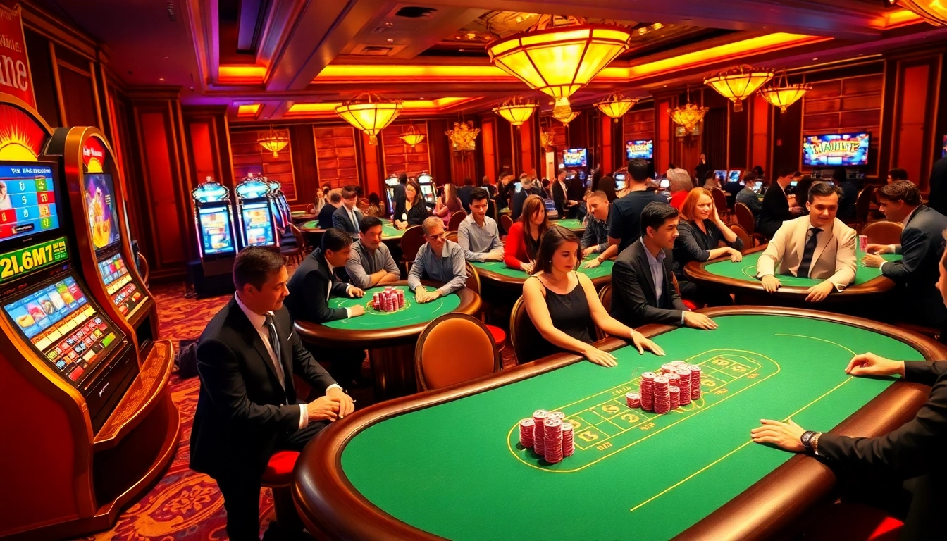Engage with the thrill of MM88 as players experience vibrant casino excitement with poker tables and slot machines.