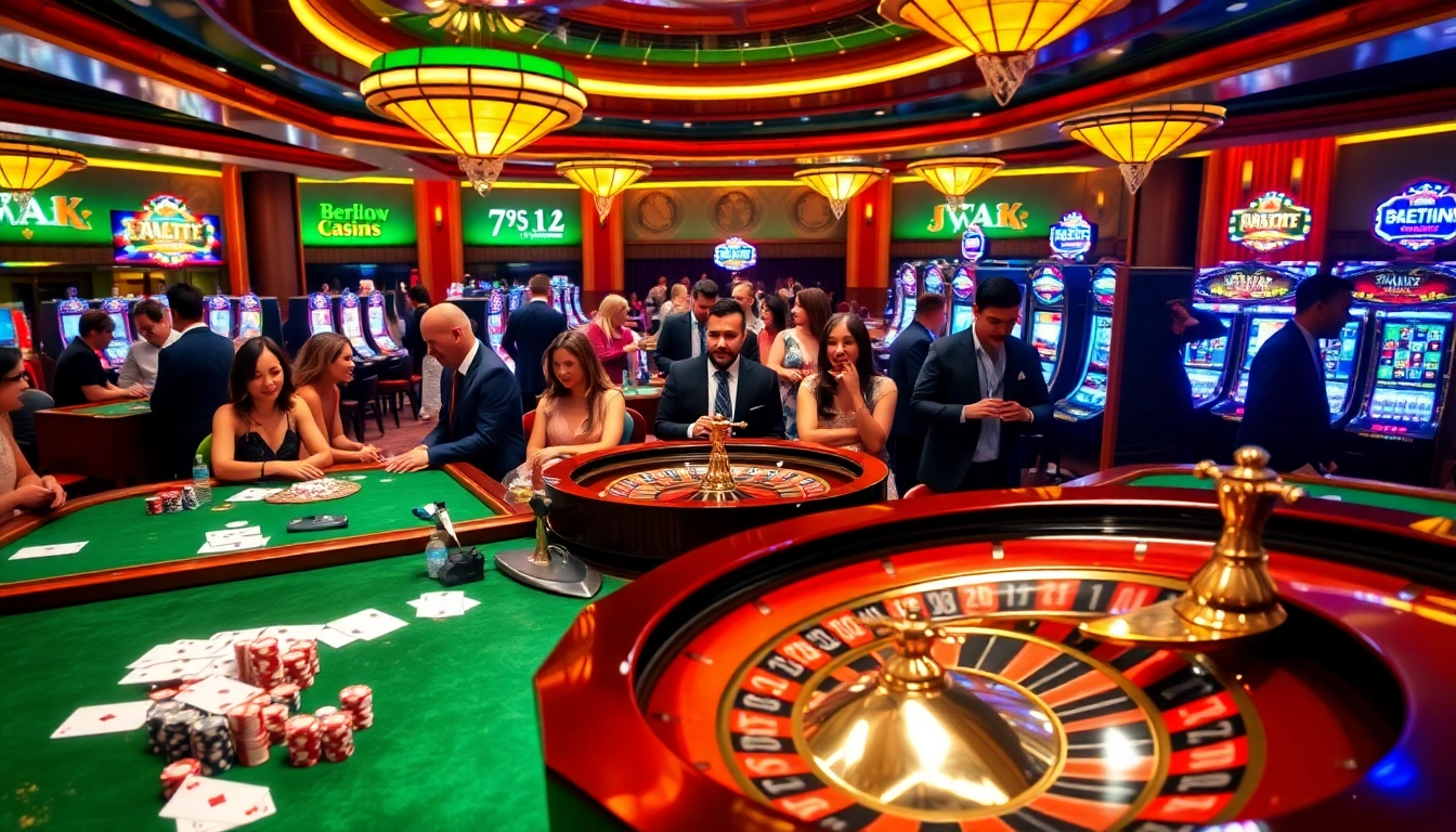 Experience the excitement of gambling at https://78winbiz.com/ with our vibrant casino scene featuring poker tables and roulette wheels.