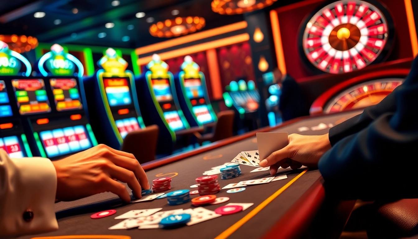 Experience the vibrant excitement of casino gaming at https://jun88buzz.info/ with colorful chips and slot machines.