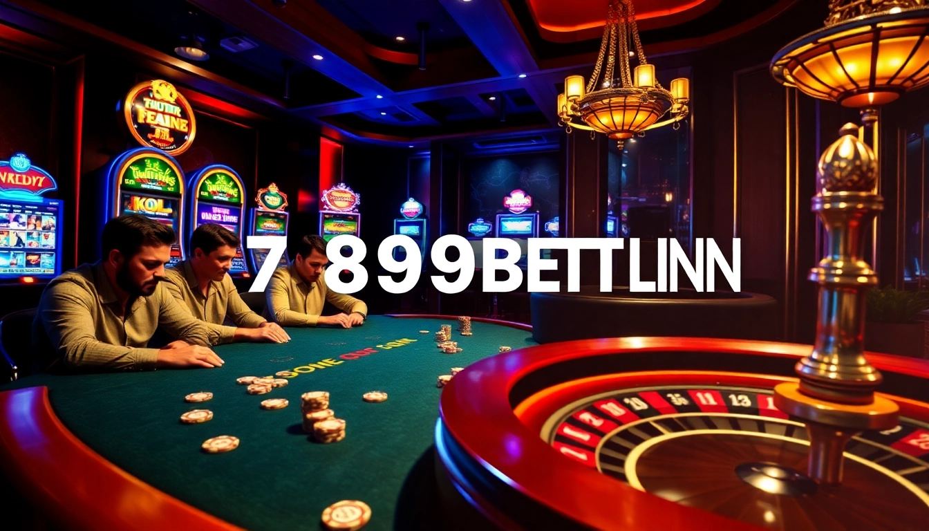 The excitement of betting at 789BET LINK, featuring a luxurious casino scene with poker tables and slot machines.