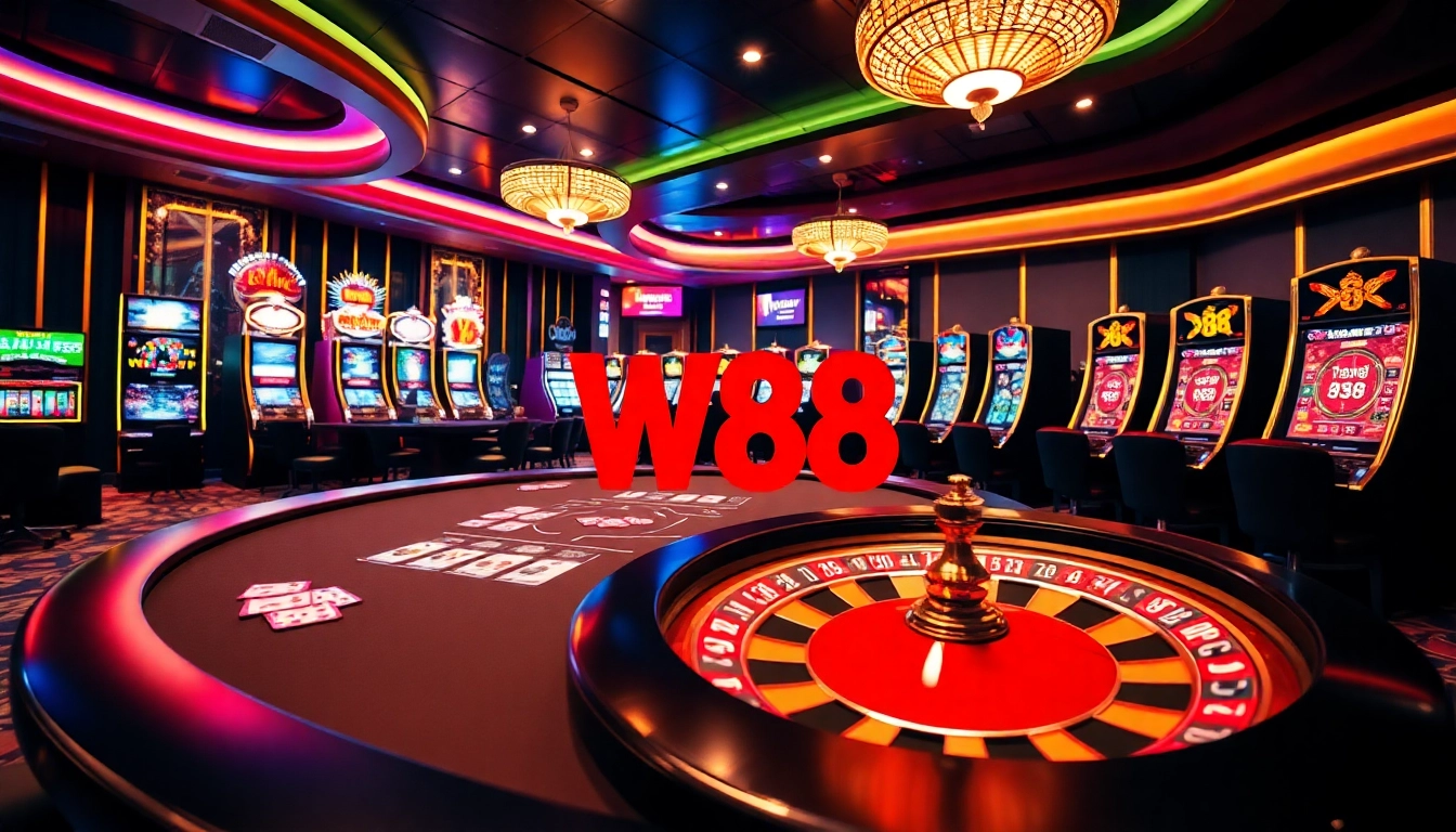 Experience the thrill of gambling at W88 with a vibrant casino scene showcasing poker, roulette, and slot machines.