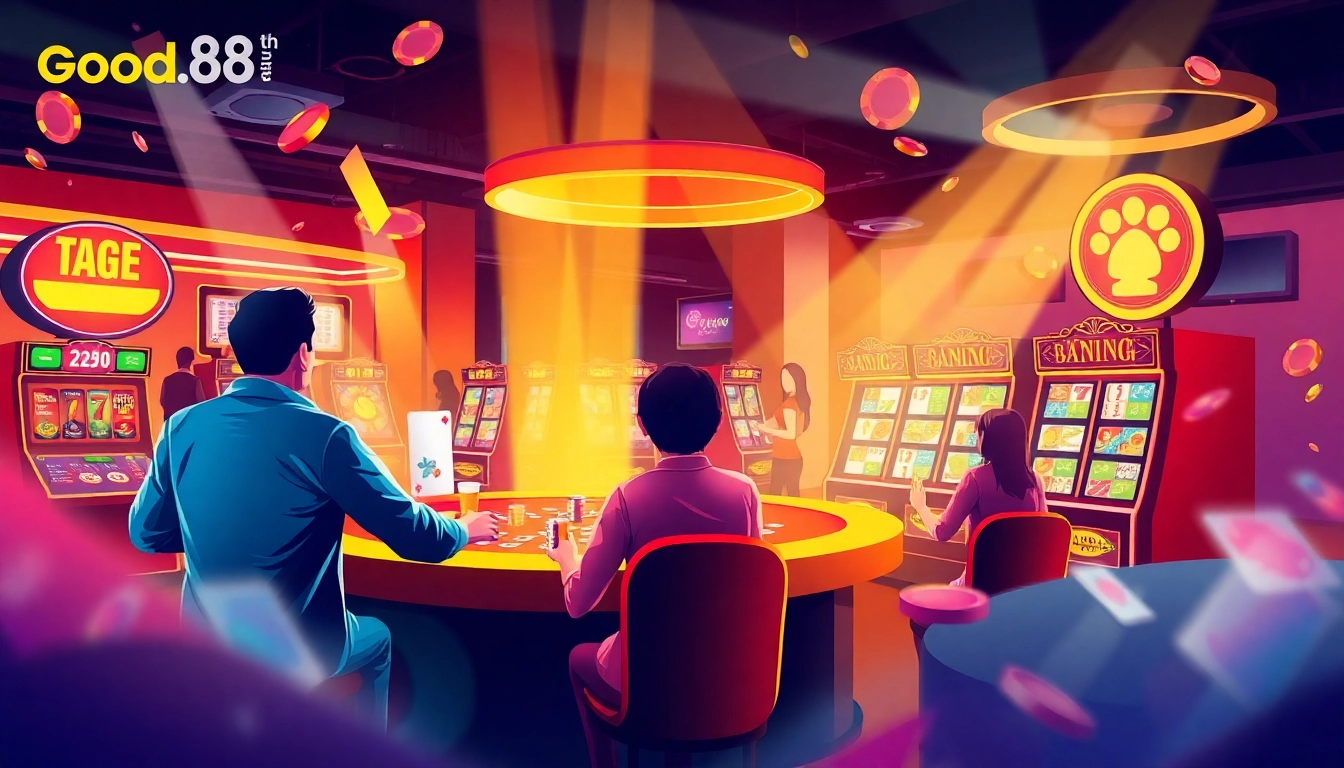Thrilling casino scene portraying the excitement of good88.hu.net, showcasing diverse games and vibrant atmosphere.