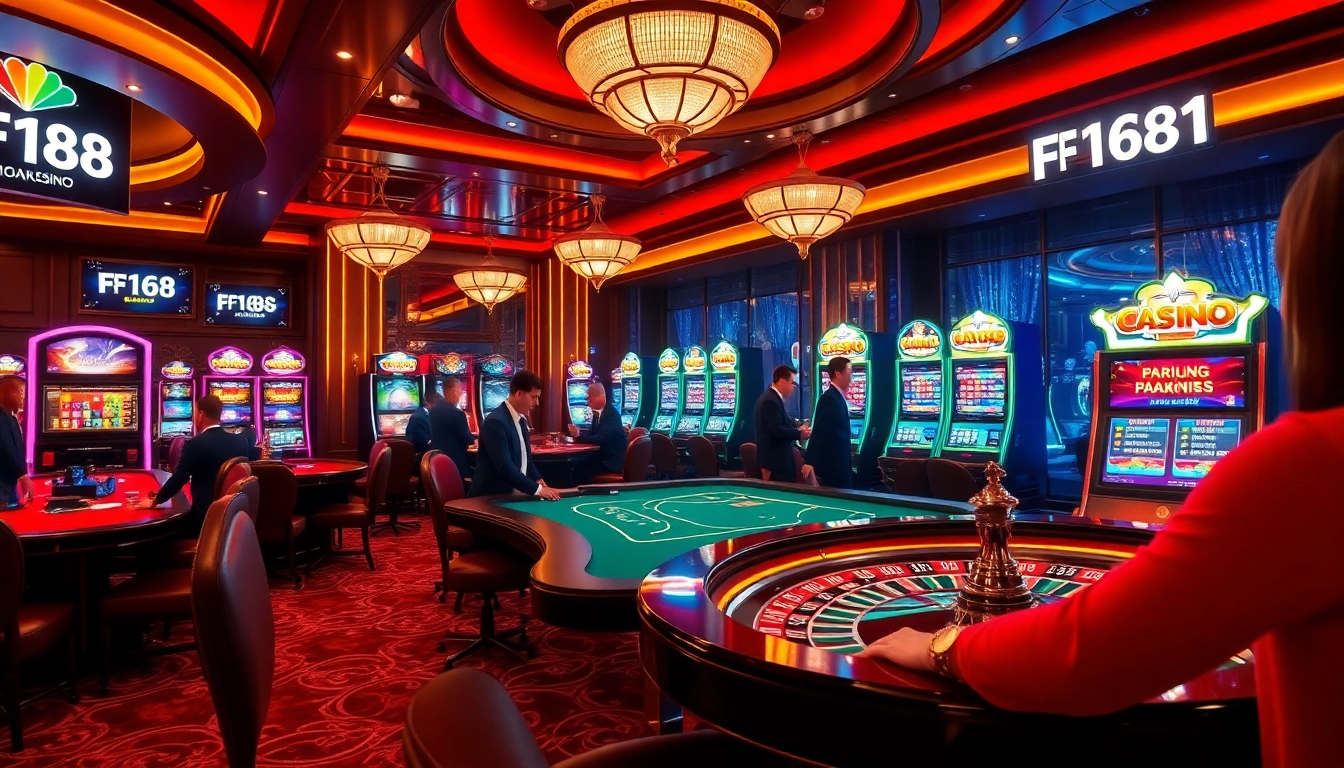 Players enjoying a thrilling game at F168 casino, featuring poker tables and vibrant slot machines.