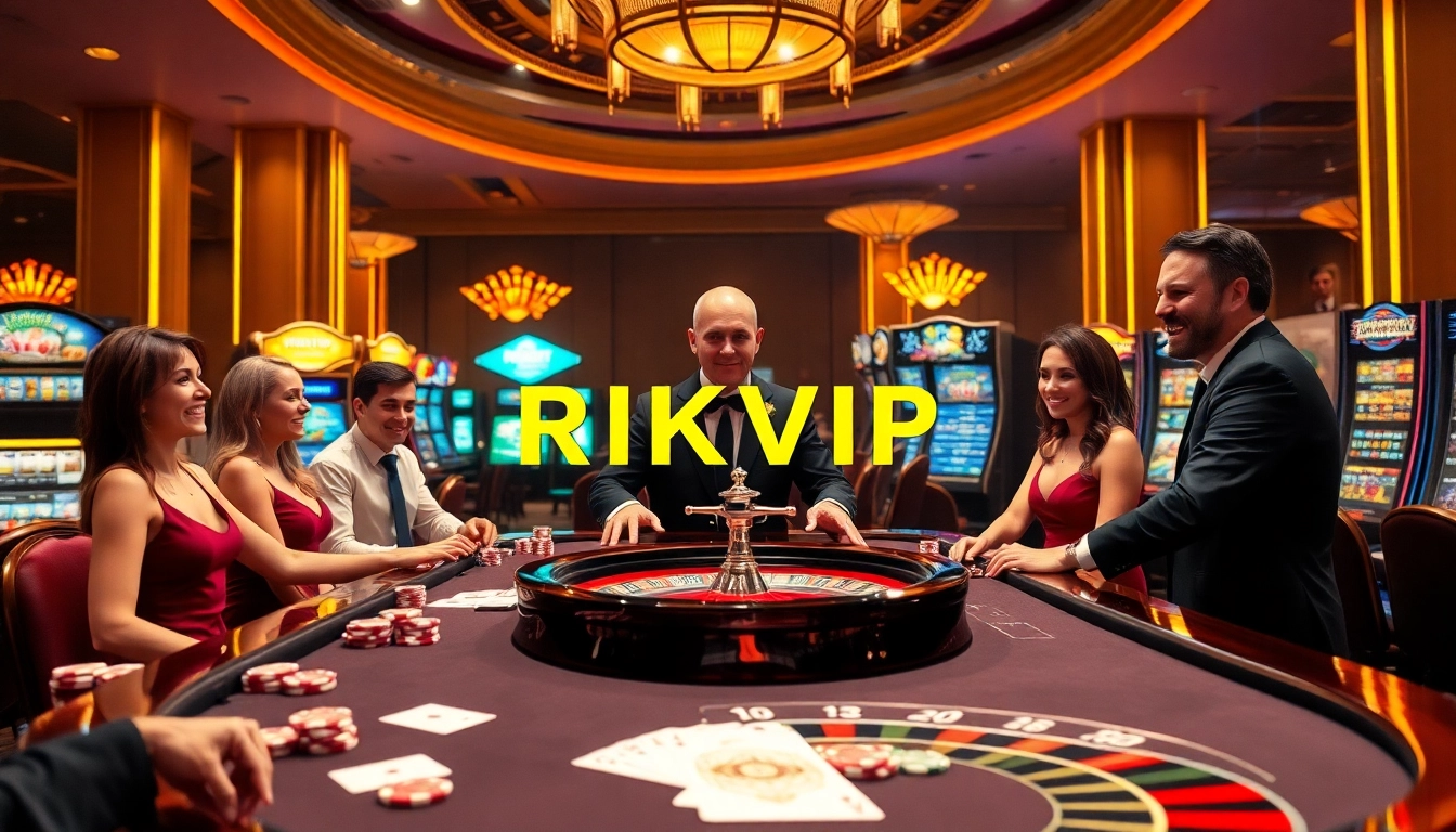 Experience the thrill of RIKVIP with lively casino games featuring poker chips and a roulette wheel.
