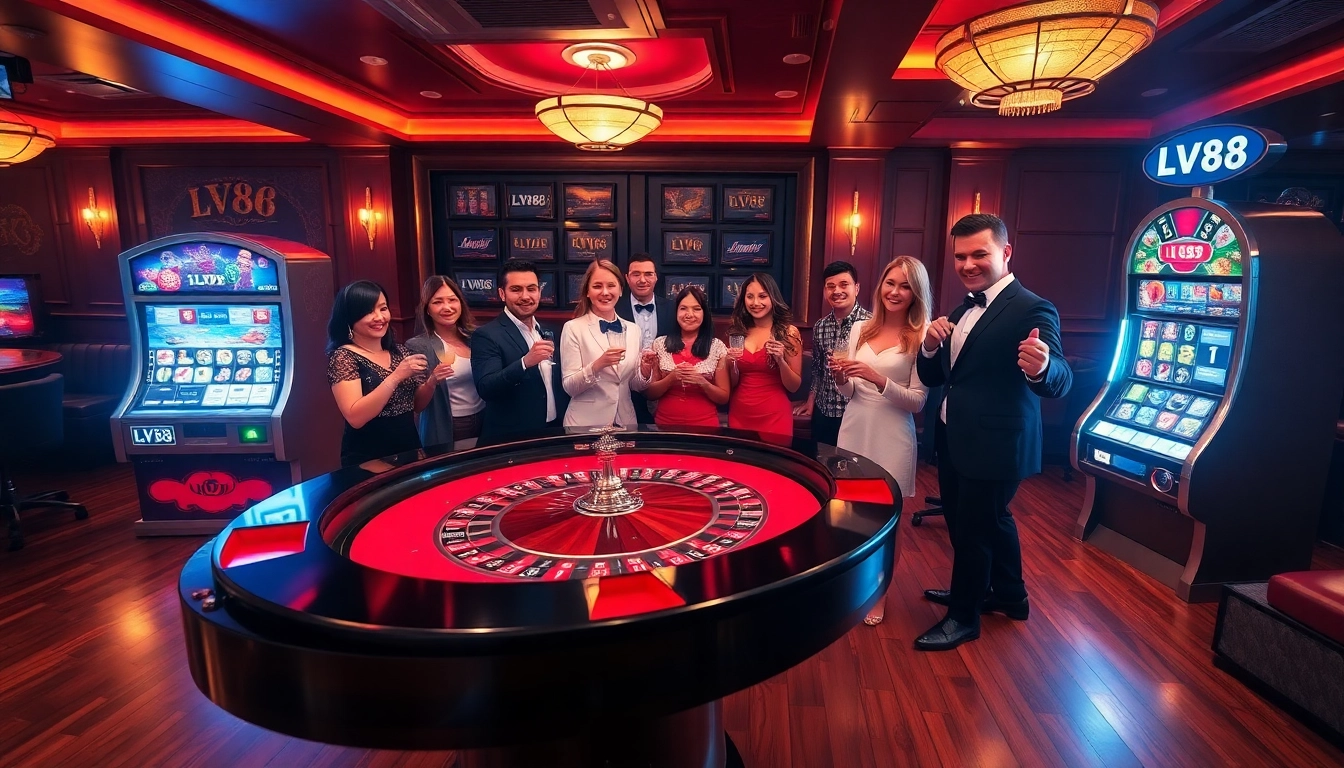Experience LV88's excitement at a luxurious casino with roulette, slot machines, and enthusiastic players.